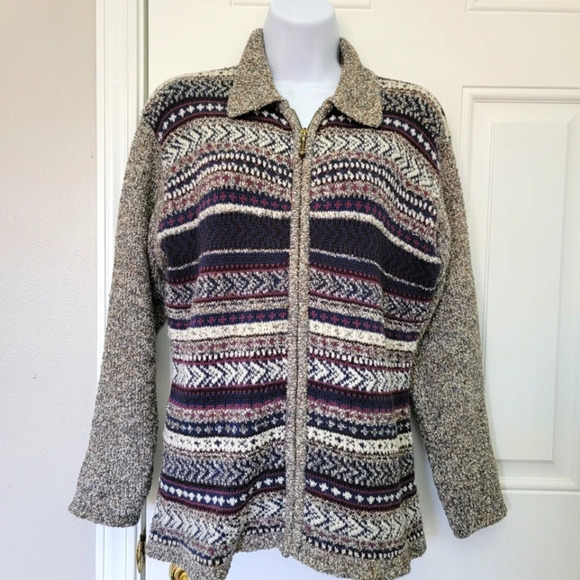 Le Moda Vintage Full Zip Collared Faire Isle Nordic Marled Wool Blend Sweater M - Picture 1 of 11